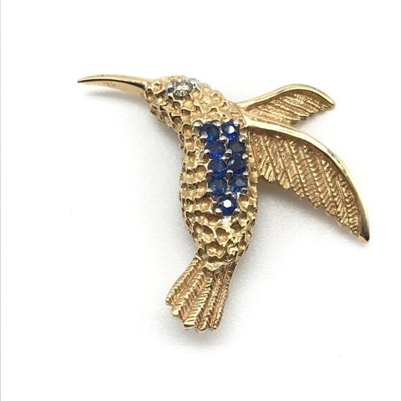14k Yellow Gold Diamond Eyed Sapphire Vintage Hummingbird Brooch Pin - Picture 1 of 8